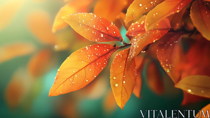 Autumn foliage macro with dewdrops in warm backlight.