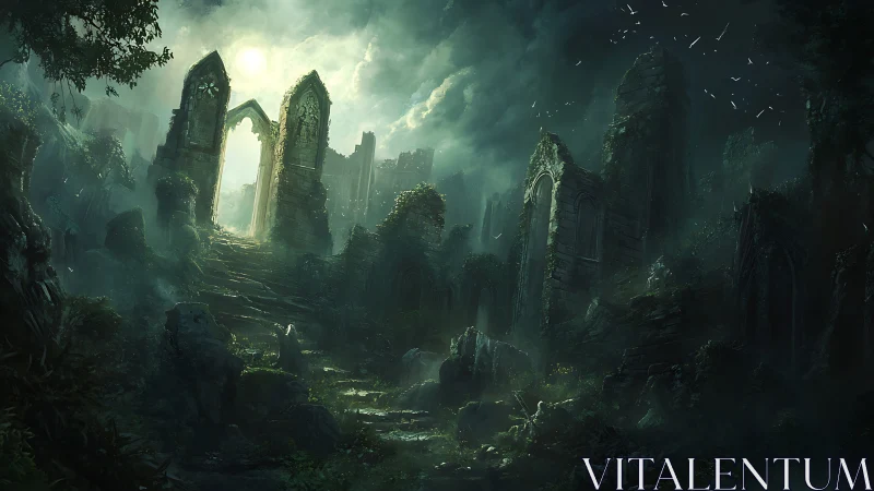 Moonlit ruins ascend through mist toward a spectral gate.