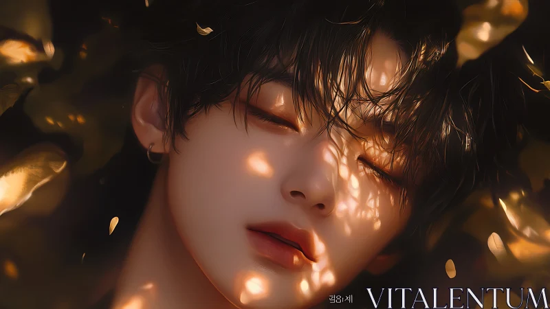 Soft focus portrait shows closed eyes lit by dappled light