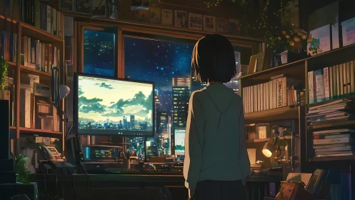 Night coder gazes at neon city through glowing studio window.