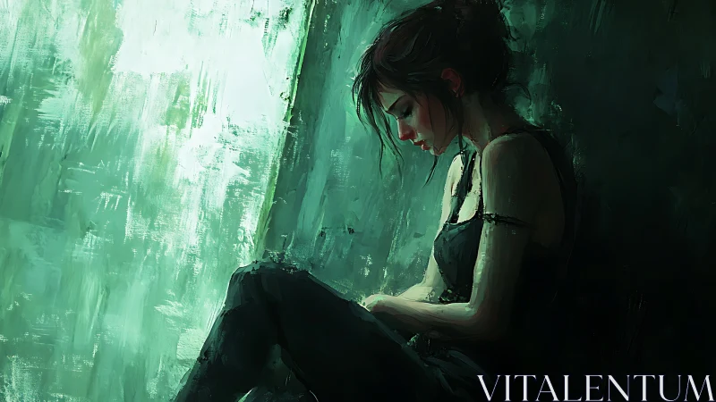 Solitary woman sits in green light, lost in quiet reflection