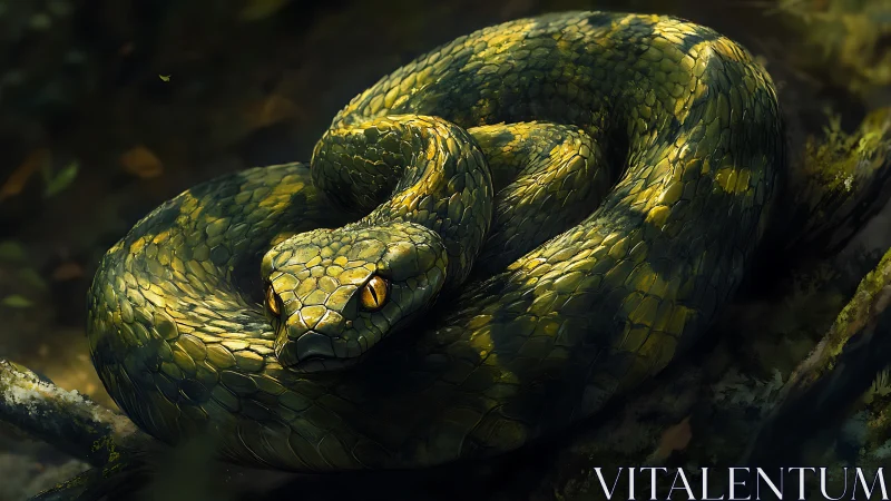 Coiled green viper rests on mossy branch in dappled light