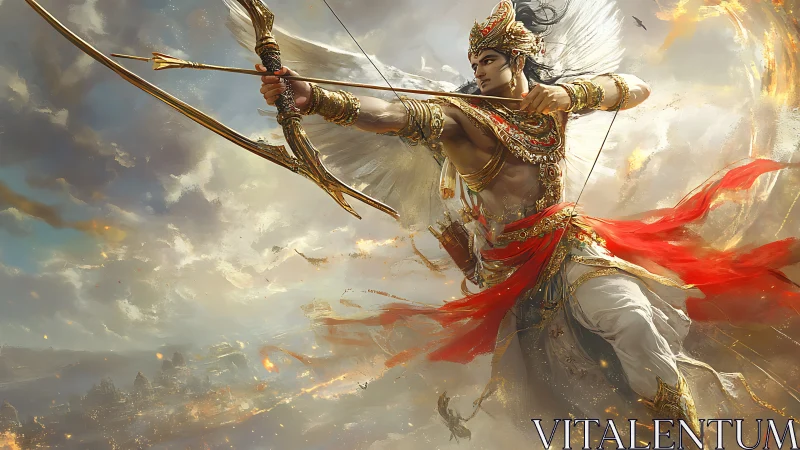 Skyforged archer prince looses a blazing mythic arrow.