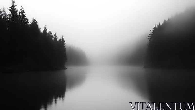 Symmetrical fog-laden conifer lake corridor in grayscale stillness.