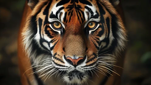 Close frontal view of a Bengal tiger in low forest light.
