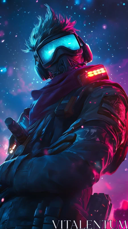 Futuristic soldier stands in neon space glow with folded arms