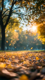 Low angle view records fallen leaves under defocused trees