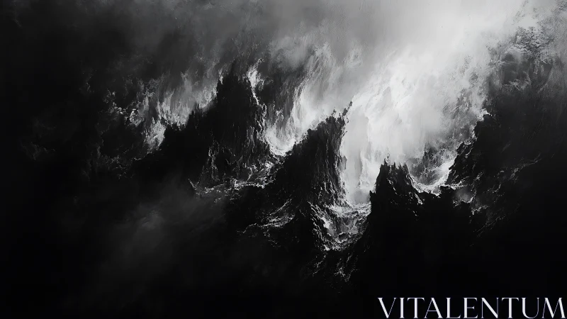 Storm-lit shadow peaks rising from a swirling dark abyss.