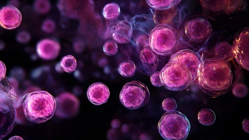 Vibrant microscopic view of pink cells in a digital art style.