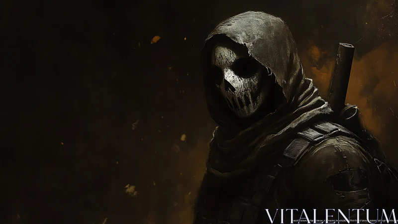 Tactical specter in hooded skull mask under low-key lighting.