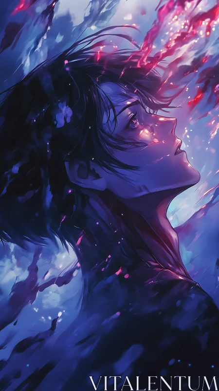 Luminous anime portrait drifts through cosmic blue waters