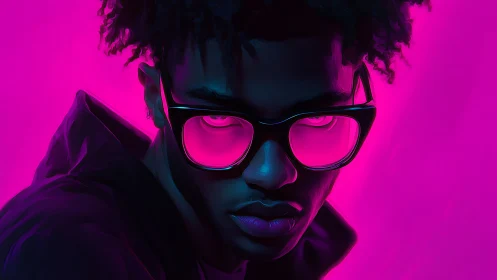 Neon portrait with glowing magenta glasses and intense gaze.