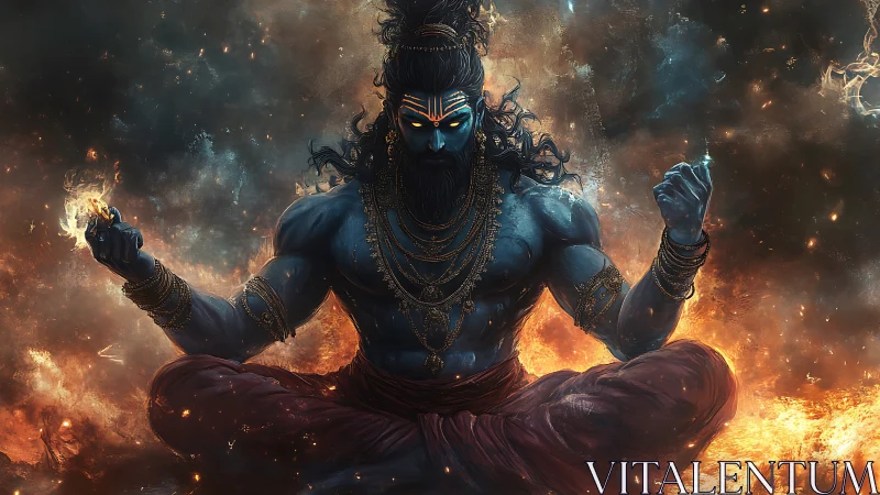 Storm-eyed fire yogi in cosmic meditation blaze.