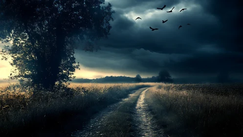 Moody country lane under stormy skies and soft dawn light.