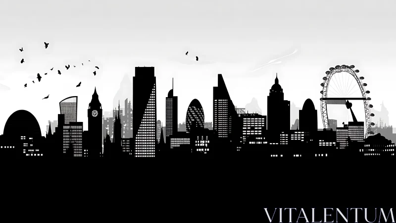 Monochrome London skyline silhouette with architectural landmarks.