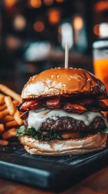 Stacked cheeseburger with bacon and fries is photographed