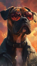 Cool sunset hound in shades and a worn leather jacket.