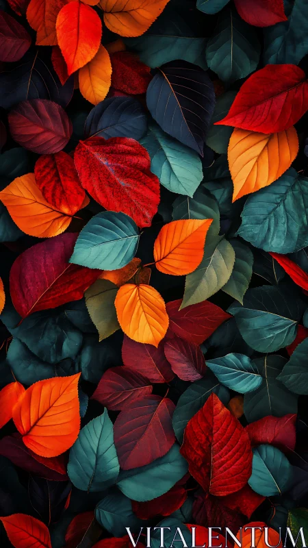 Overlapping multicolored leaves in dense patterned arrangement.