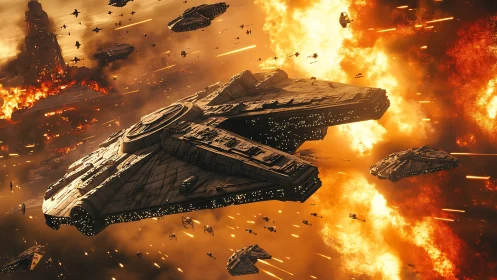 Star-cruiser armada slices through blazing cosmic warzone.