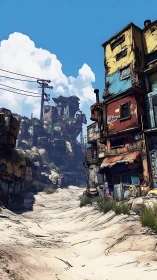 Sunlit desert alley winding through colorful worn shacks.