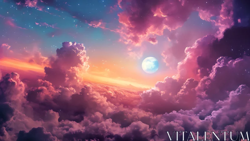 Luminous moonrise over iridescent nebula clouds at dusk.