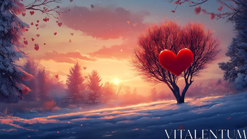 Heart-Shaped Tree at Sunset in Snow-Covered Winter Landscape