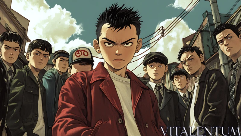 Defiant alleyway youth squad glare down an unseen future.