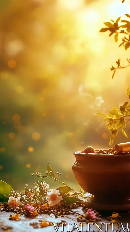Herbal mortar with flowers in warm golden sunlight scene.