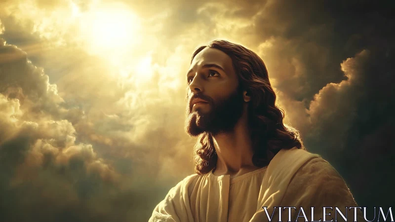 Photorealistic devotional portrait under radiant celestial light.