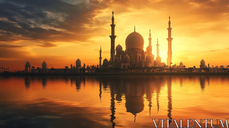 Sunset mosque silhouette with reflective water symmetry study.