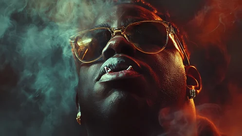 Low‑key neon portrait of man with smoke, piercing, gold frames.