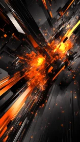 Volumetric orange energy burst through dark tech structures.