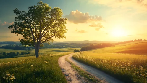 Gravel path curves through sunlit rural fields at sunset