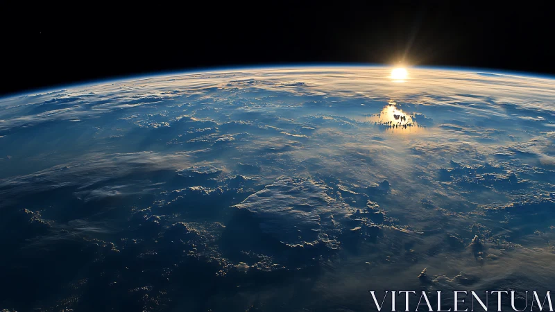 Gentle sunrise over Earth’s glowing blue horizon from space.