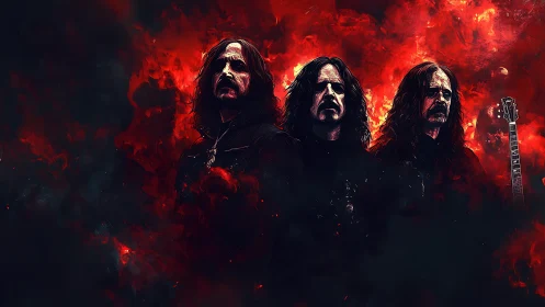 Blazing metal phantoms rise through stormy crimson smoke