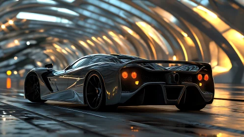 Sculpted hypercar under futuristic tunnel lighting glow.