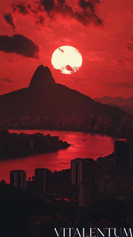 Red-tinted coastal city skyline and silhouetted mountain at sunset