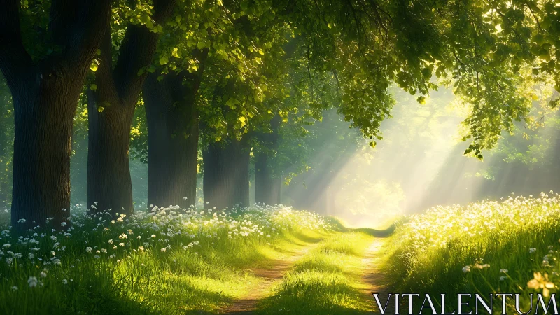 Sunlit forest path with wildflowers in dreamy morning light.