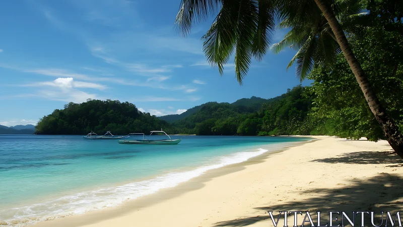 Tropical Coastline: Pristine Beach with Moored Vessels and Lush Vegetation.