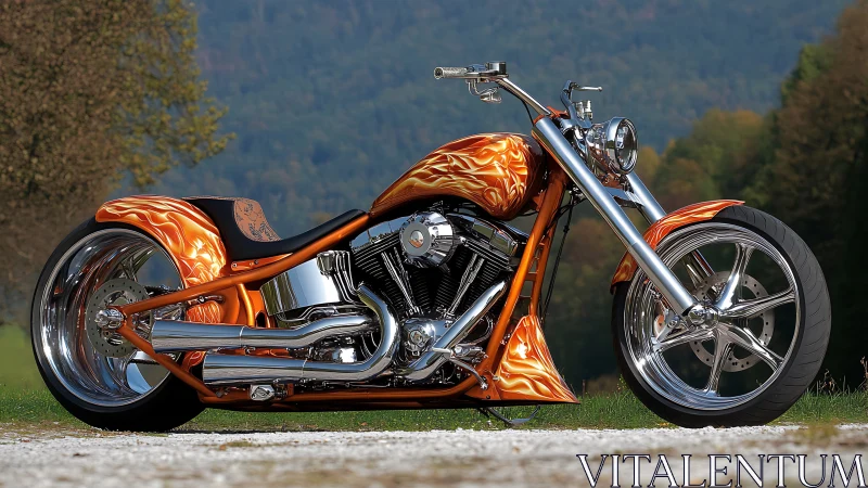 Flame-detailed custom chopper shining in open countryside.