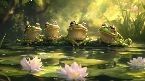 Four serene frogs bask in golden light on a tranquil pond