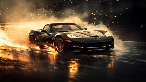 Black sports coupe drifts through sparks on wet asphalt track.