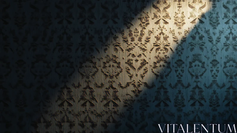 Diagonal light across textured damask wallpaper pattern.