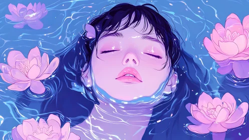 Serene girl floats among glowing lotus blooms in blue water