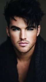 Intense blue-eyed male portrait in dramatic close-up lighting.