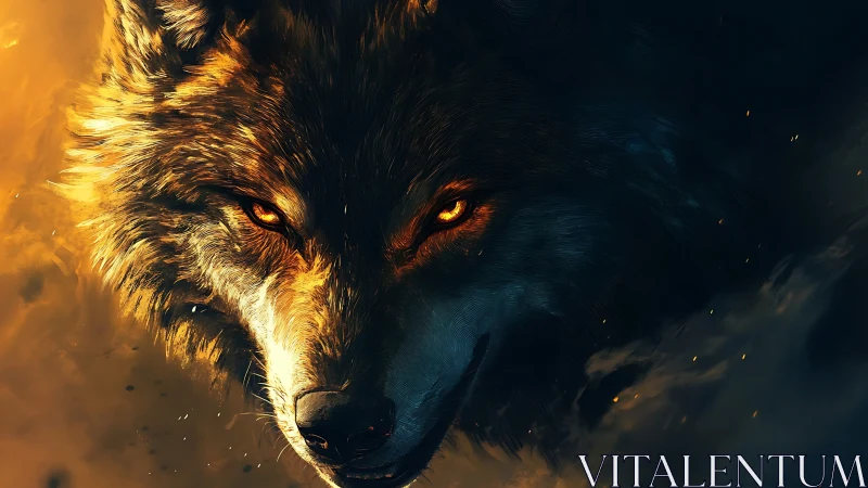 Luminous ember-eyed wolf portrait rendered in cinematic digital painting