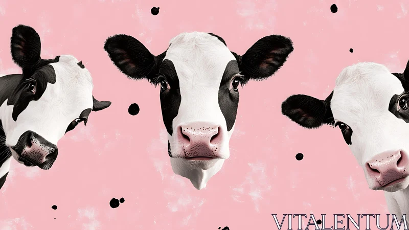 Holstein cow portraits on pastel pink minimal backdrop.