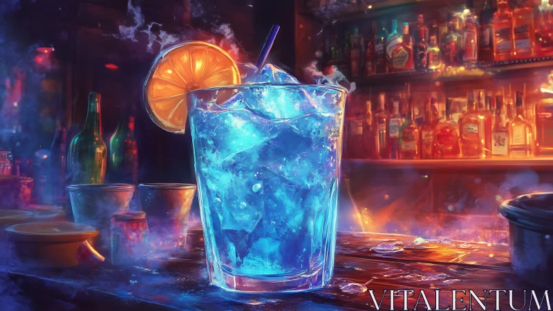 Bioluminescent Cocktail with Citrus Slice in Neon Bar Setting