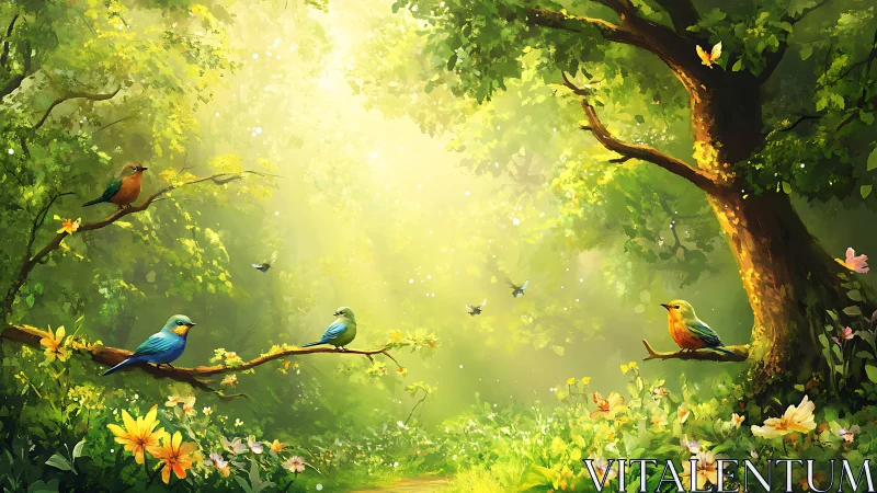 Spectral avian chorus in volumetric sunlit forest glade.