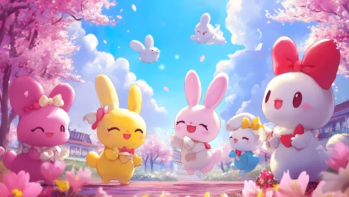 Pastel bunny ensemble under sakura canopy in anime courtyard.